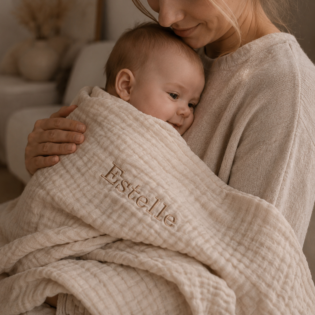 Moeder met kind in hydrofiele doek
